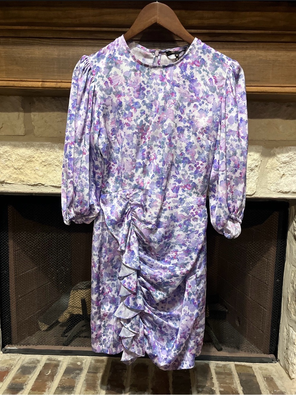 Maje Ruvard Ruched Purple Satin Floral Mini Dress XS